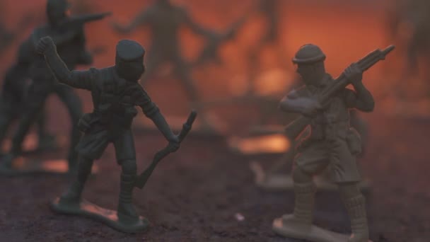 Toy model soldier in the fire. The concept of the death of war. slow motion — Stock Video