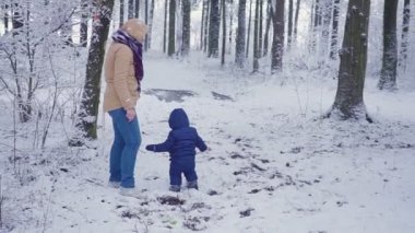 mutlu bir yıl çocuk ve annesi kış ormanda oynarken.