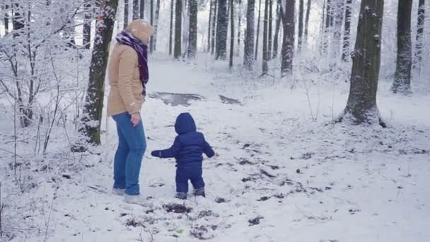 Feliz niño de un año y su madre jugando en el bosque de invierno . — Vídeo de stock