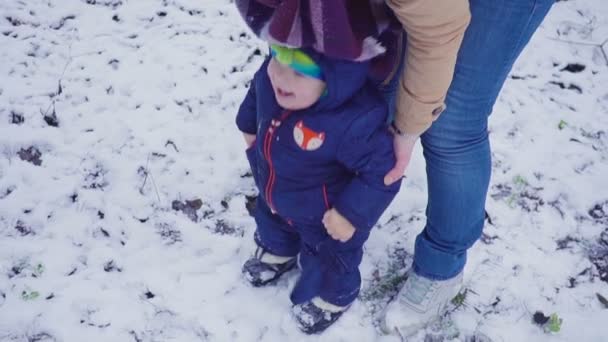 Gelukkig één jaar jongen en zijn moeder spelen in het bos van de winter. — Stockvideo