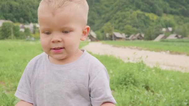 Kleine jongenskind permanent en draait onder groen grasveld van mais of maïs zonnige dag buiten op natuurlijke blauwe hemel en berg achtergrond. — Stockvideo