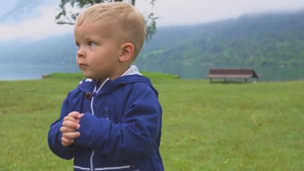 Το μικρό αγόρι βόλτες κοντά στη λίμνη βουνό. Τρέχει και να χοροπηδά στη φύση. — Αρχείο Βίντεο