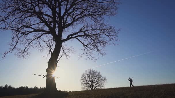 Granjero con una pala caminando en el campo. Llevan equipo para plantar un árbol. En la puesta del sol. Vista lateral — Vídeo de stock