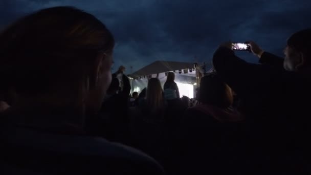 Fanoušci na rockový koncert. Festival pod širým nebem v noci — Stock video