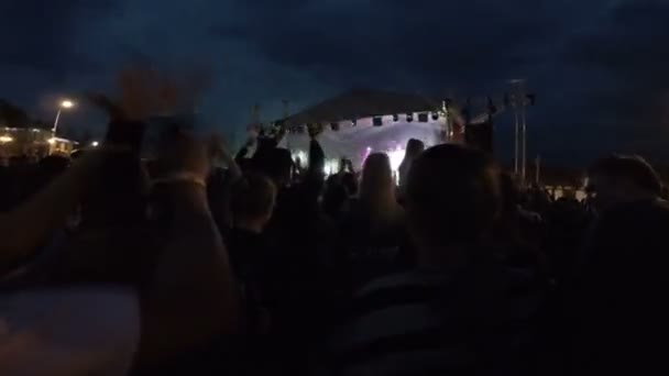 Fanoušci na rockový koncert. Festival pod širým nebem v noci — Stock video