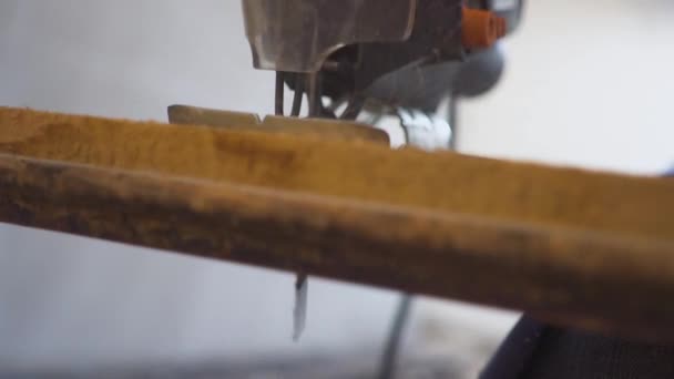 Snickare som arbetar med sticksåg i hand. Närbild på en elektrisk sticksåg på ett träd. — Stockvideo