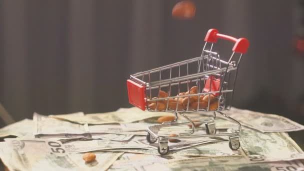 Einkaufswagen aus dem Supermarkt, gefüllt mit Mandelnüssen. Mandelnüsse fallen vor dem Hintergrund des Geldes in den Einkaufswagen. — Stockvideo