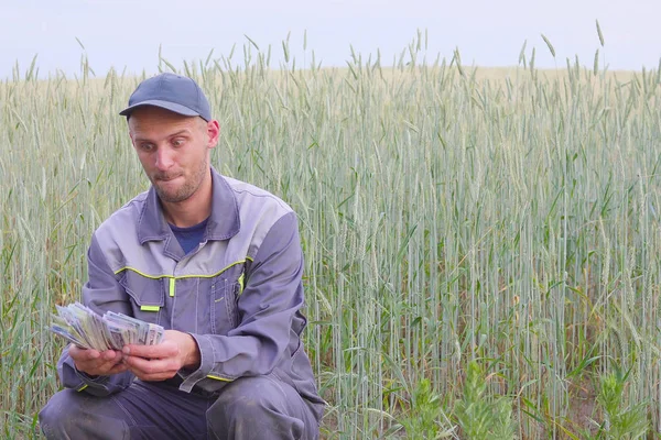 Joven agricultor tiene un montón de dinero. El concepto de éxito de las empresas en la agricultura . Imagen de archivo