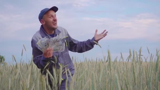 Un joven agricultor feliz y exitoso tiene mucho dinero. El concepto de éxito de las empresas en la agricultura . — Vídeo de stock