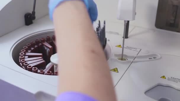 血液検査を行うラボ労働者。チューブをマシンに読み込まれます。研究所の遠心分離機にバイアルをロード アシスタント。血の瓶を変更します。. — ストック動画