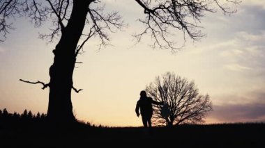 Gitarist günbatımı yavaş hareket, silüeti. onun elinde bir gitar ile çalışır