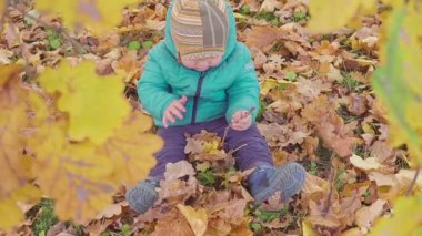küçük çocuk ile Sonbahar oynamak sonbahar park ağır çekimde bırakır