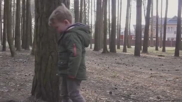 Chlapec prochází lesem nedaleko soukromých domů na jaře nebo v podzimní noci. — Stock video