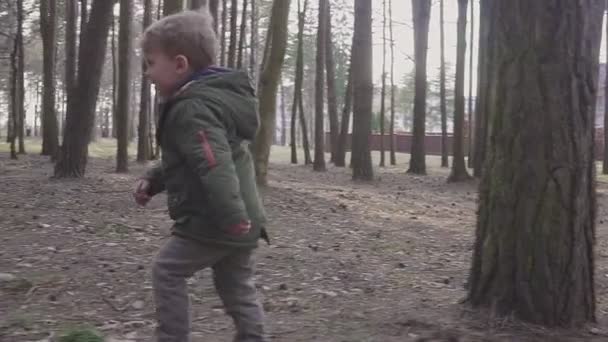 Een jongen loopt door het bos in de buurt van prive-huizen in op een lente of herfstavond — Stockvideo