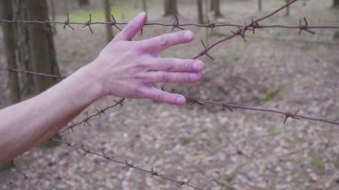 Bir adamın eli dikenli tellere dokunur. Kavram yasadışı göç. Avrupa'ya göç etmek isteyen bir Arap. Gurbetçiler için Kamp.