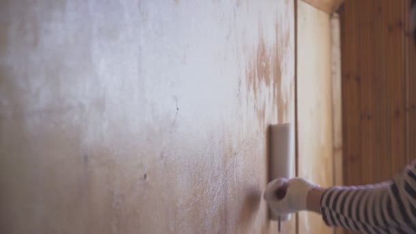 El trabajador pinta un ático de madera. Tratamiento de superficies de madera . — Vídeo de stock