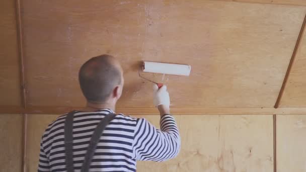 Travailleur peint un grenier en bois. Traitement de surface du bois . — Video