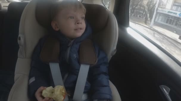 Pojke med rött äpple sitter i bilen. Mjukt fokus. — Stockvideo