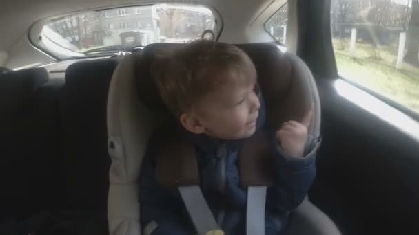 Chłopiec z czerwonym jabłkiem siedzi w samochodzie. Miękka ostrość. — Wideo stockowe