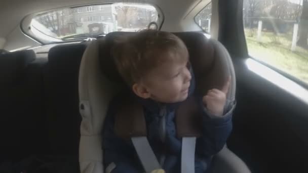 Pojke med rött äpple sitter i bilen. Mjukt fokus. — Stockvideo