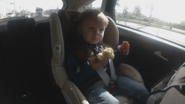 Junge mit rotem Apfel sitzt im Auto. Weicher Fokus. — Stockvideo