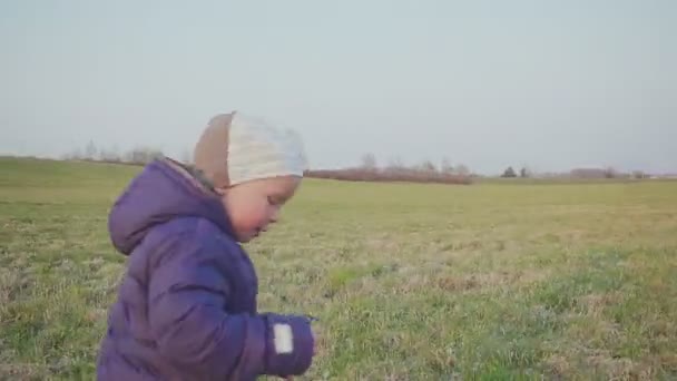 日没時に野原の草の上を走る小さな男の子、スローモーション. — ストック動画