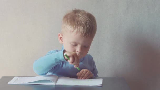 Dva roky starý chlapec kresuje s markerovou značkou na albu — Stock video
