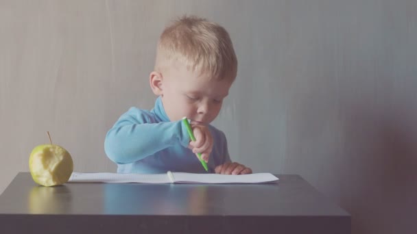 2歳の男の子はアルバムでマーカーで描き、リンゴを食べています — ストック動画
