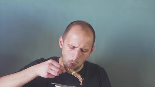 Young bearded man eating and using mobile phone isolated — 비디오