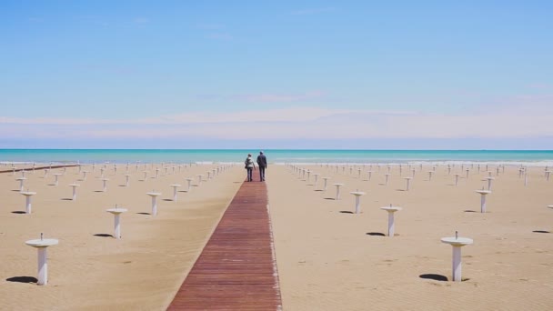 Casal de traseiros a passear na praia. Um homem e uma mulher indo para o mar — Vídeo de Stock