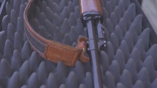 Ein handverschließender Gewehrkoffer mit Gewehr und scharfer Munition. — Stockvideo