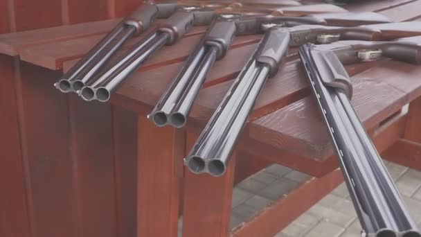 Šest loveckých dvoulůžkových brokovnice je na stole na pomlčku — Stock video