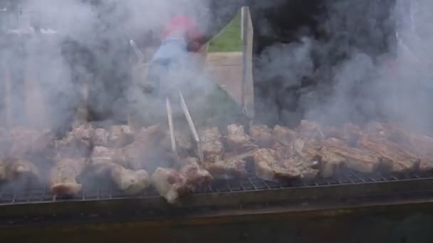 Loisirs, nourriture, personnes et vacances concept. cuire des frites de viande sur un feu lors d'une fête de rue. cuisson de viande sur barbecue grill — Video