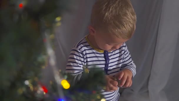 Bambino di due anni che gioca con i giocattoli di Natale sull'albero di Natale, da vicino. Ritratto di un bambino vicino a un albero di Natale . — Video Stock