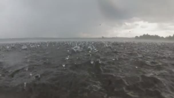 Lluvia fuerte cae sobre la superficie del agua del lago. Movimiento lento — Vídeo de stock
