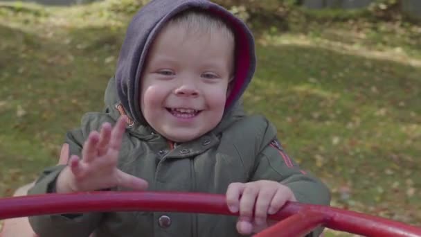 Gelukkige jongen op merry-go-round in park. Carrousel — Stockvideo