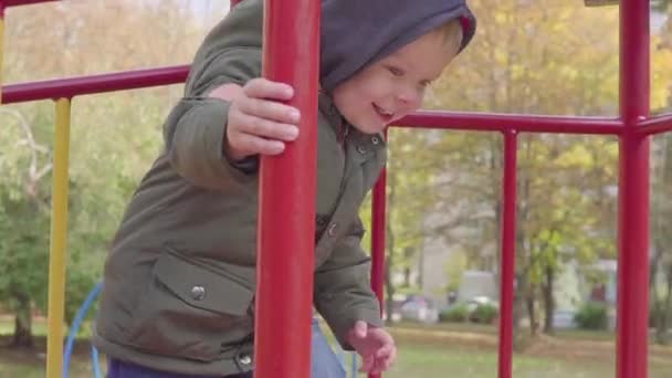 Vrolijke jongen rijden naar beneden de heuvel op Speeltuin — Stockvideo