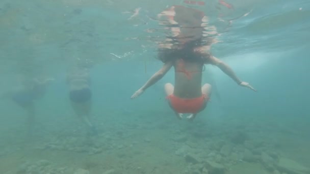 Donna con bella figura sta nuotando sulla spiaggia. Sparatoria subacquea . — Video Stock