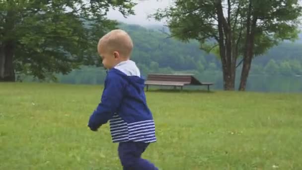 Den lilla pojken går nära fjällsjön. Kör och plaskar i naturen. — Stockvideo