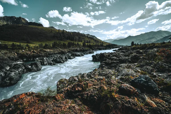 Ширококутний Постріл Скелястий Контраст Гірські Річки Заростають Мохом Рідну Трав — стокове фото