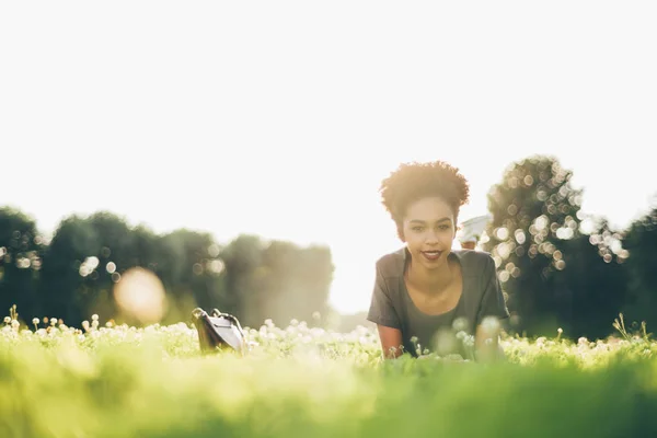 View Ground Level Sunny Glade Beautiful Happy African American Girl — Stock Photo, Image