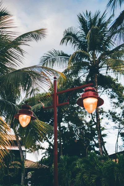 Vista Vertical Noturna Luz Rua Vintage Vermelha Com Duas Lâmpadas — Fotografia de Stock