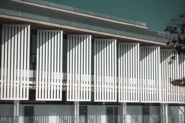 Фронтальний Вид Абстрактний Білий Сучасний Будівельний Фасад Смугастими Металевими Вертикальними — стокове фото