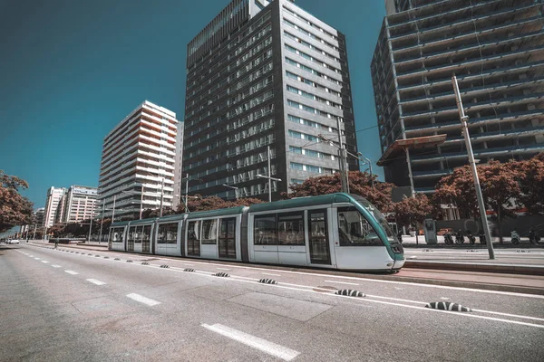 Wide Angle View Modern Streetcar Urban Settings Contemporary Five Car — Stock Photo, Image