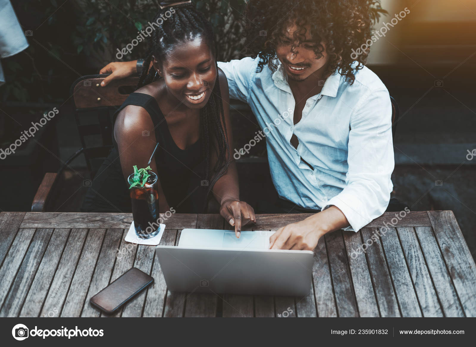 Young Interracial Couple Black Girl Braided Hair Asian Guy Beard