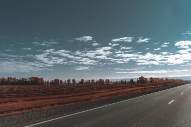 Boş bir yol veya bir otoyol ufuk noktasına sol ve mesafe ağaçlarda ince bir şerit hayfield ile kırsal bir gezi sırasında uzanan geniş açı sonbahar görünümünü; sabah