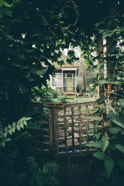 Vue Verticale Guichet Bois Mystérieux Confortable Premier Plan Délabré Dans — Photo