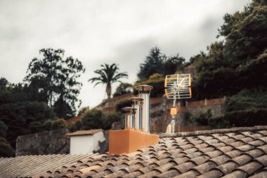 Üç paslanmaz çelik baca sıvısı ve bir çatı anten ile yıpranmış terracotta çatı, yapraklı bir yamaçta bir palmiye ağacı ve bulutlu gökyüzü, Akdeniz kırsal ayrıntı; Cudillero, Asturias