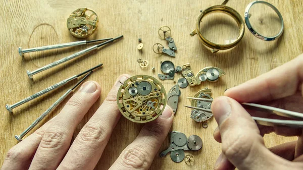 Mechanical watch repair, watchmaker\'s workshop, close up