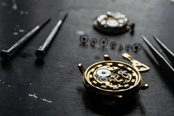 Mechanical watch repair. Watchmaker is repairing